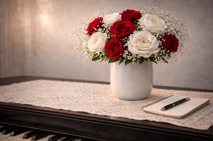 Fresh red and ivory rose arrangement with baby's breath, cremation services Largo, FL