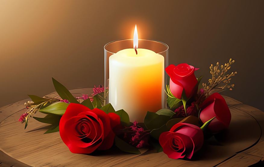 Glowing pillar candle with red rose arrangement on table, St. Petersburg, FL tribute