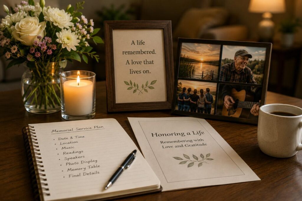 Memorial service notes, framed photos, and flowers create a meaningful farewell in St. Petersburg, FL