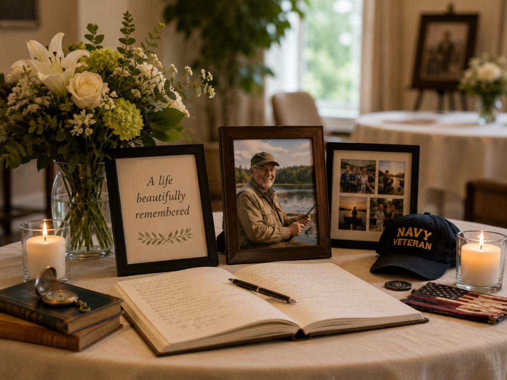 Memorial table with flowers, candles, photos, and a Navy cap after cremation in St. Petersburg