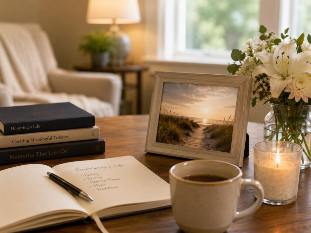 Quiet memorial table with flowers, candle, and keepsakes, cremation services Clearwater, FL