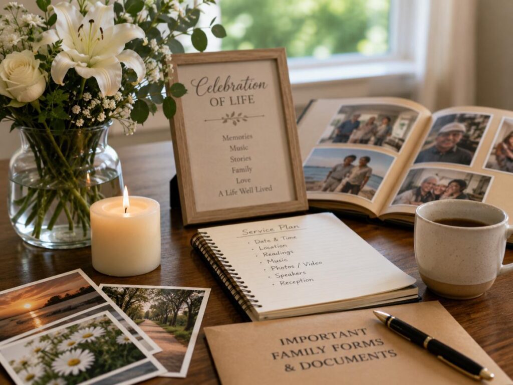 Celebration of life planning table with photos and flowers, cremation services Largo, FL